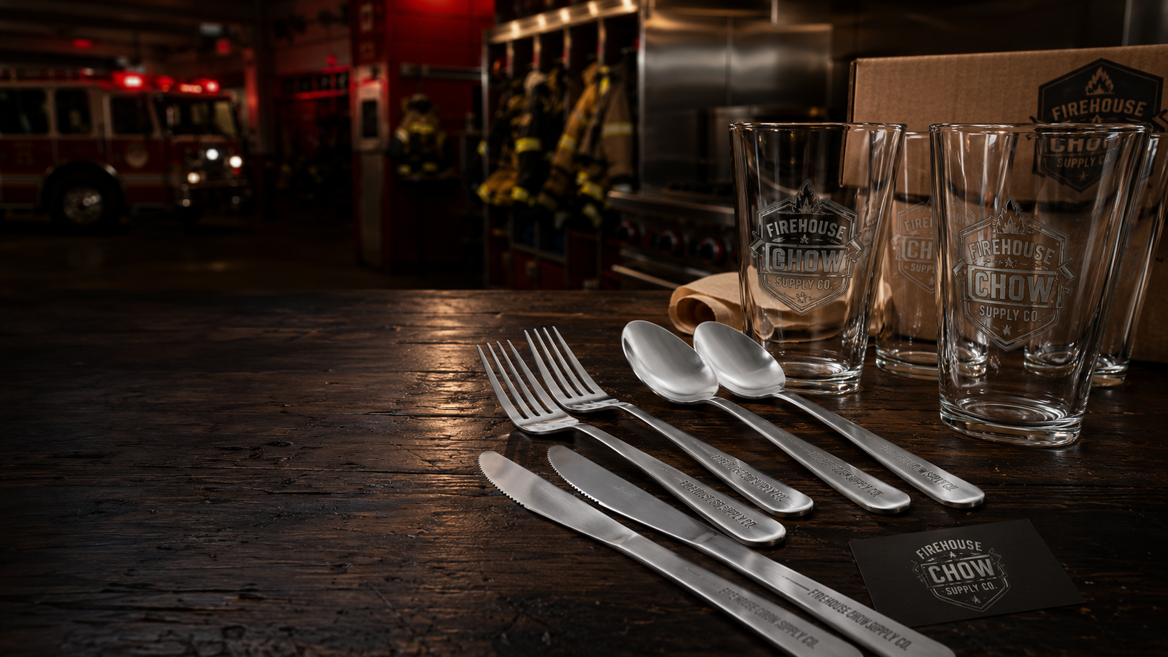 Firehouse mess hall table set with engraved flatware